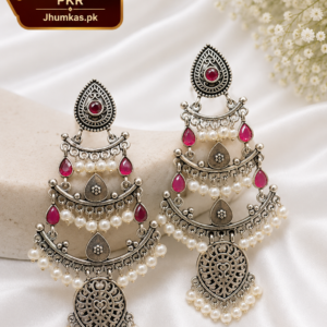 Red Stone Antique Silver Chandbali Earrings