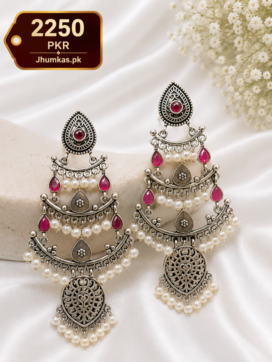 Red Stone Antique Silver Chandbali Earrings
