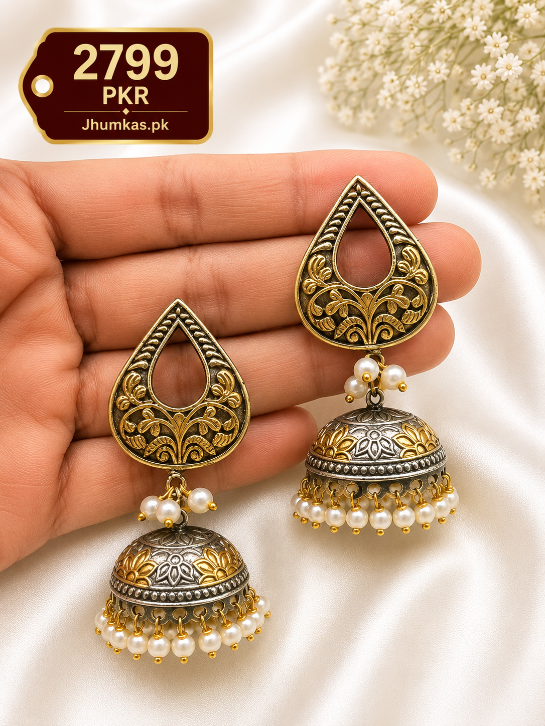 German Silver Jhumki Earrings Dual Tone