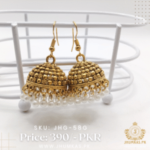Golden Jhumka Earrings With White Pearls