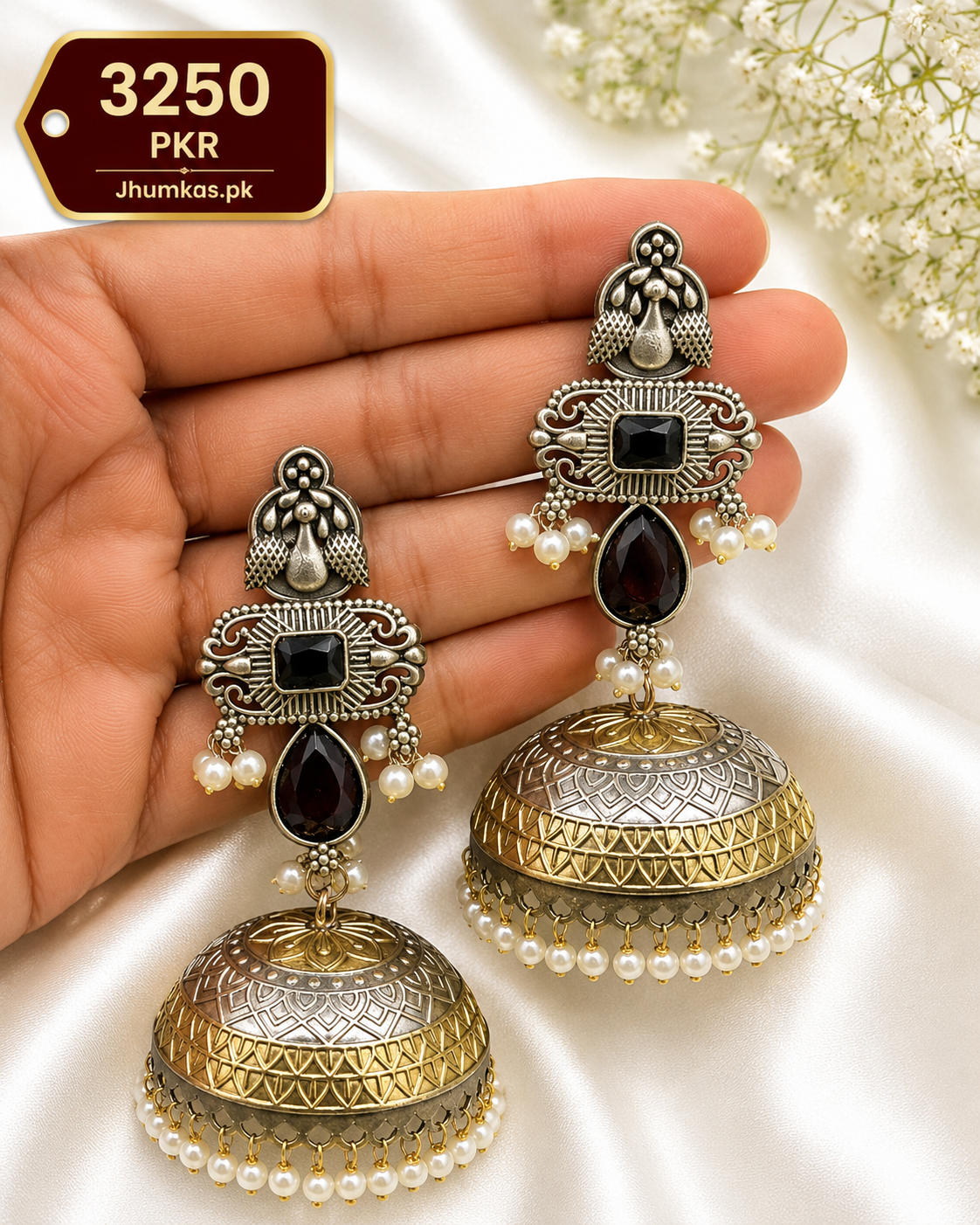 Trendy Dual Tone German Silver Indian Jhumka Earrings