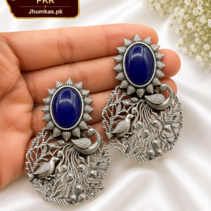 Oxidized Blue Stone Antique Silver Chandbali Earrings