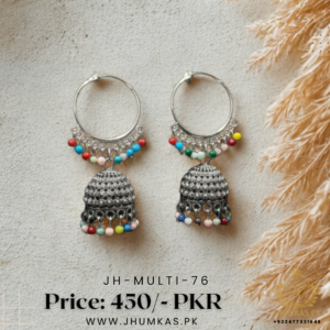Silver Bali Jhumka Earrings with Multi Beads