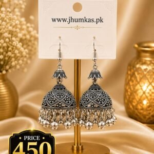 Dome Design Silver & Black Jhumka Earrings
