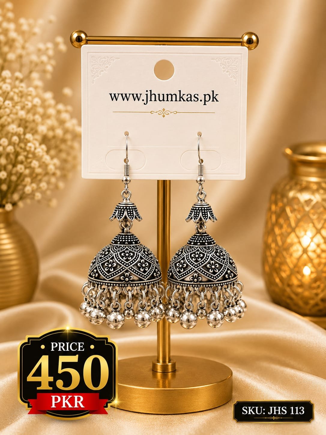 Dome Design Silver & Black Jhumka Earrings