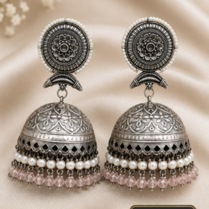 Oxidized German Silver Jhumka Earrings with Pearl & Pink Bead Drops