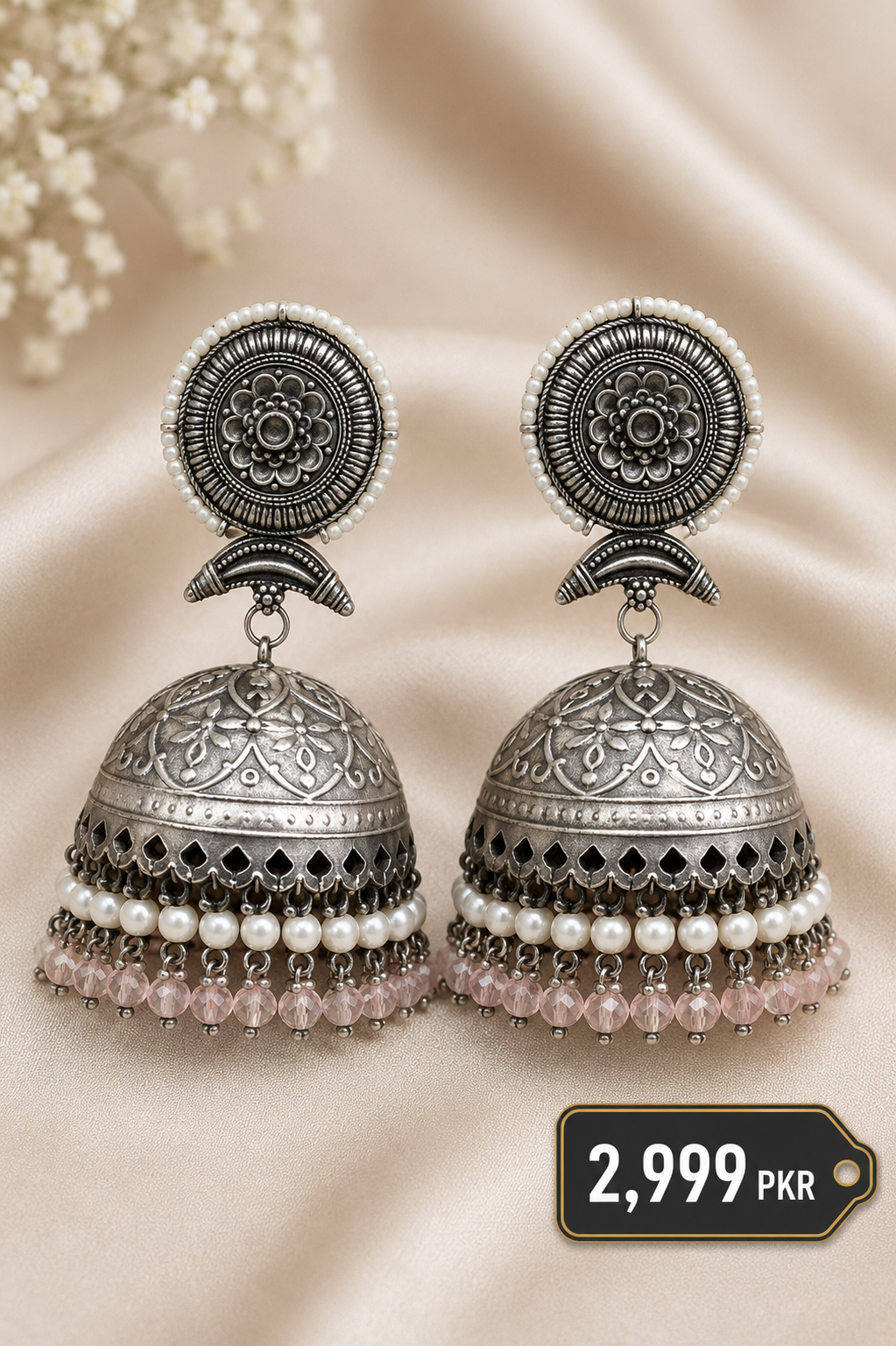 Oxidized German Silver Jhumka Earrings with Pearl & Pink Bead Drops