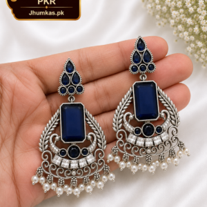 Blue Stone Antique Silver Chandbali Earrings