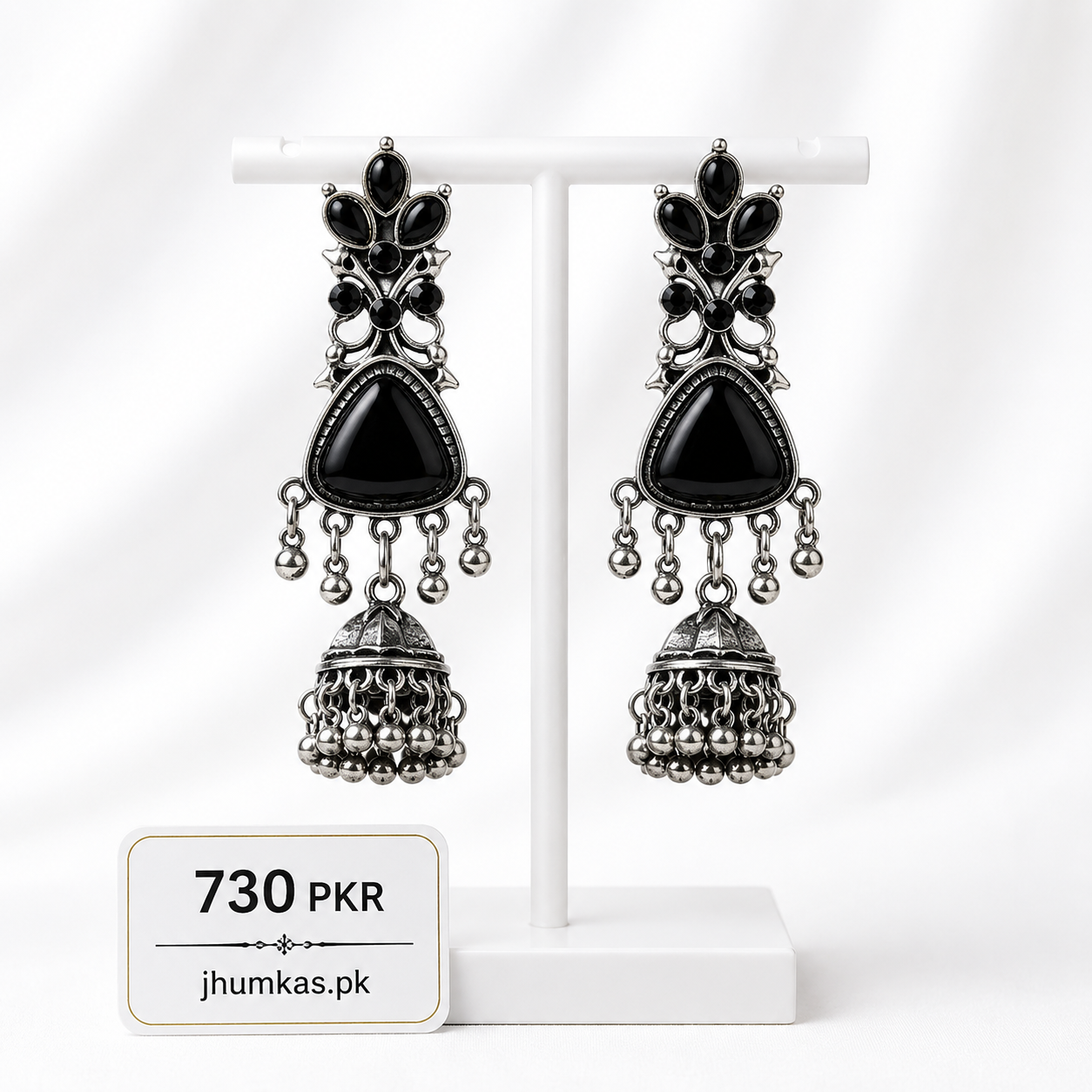 Oxidized Silver Jhumka With Stone - Image 3