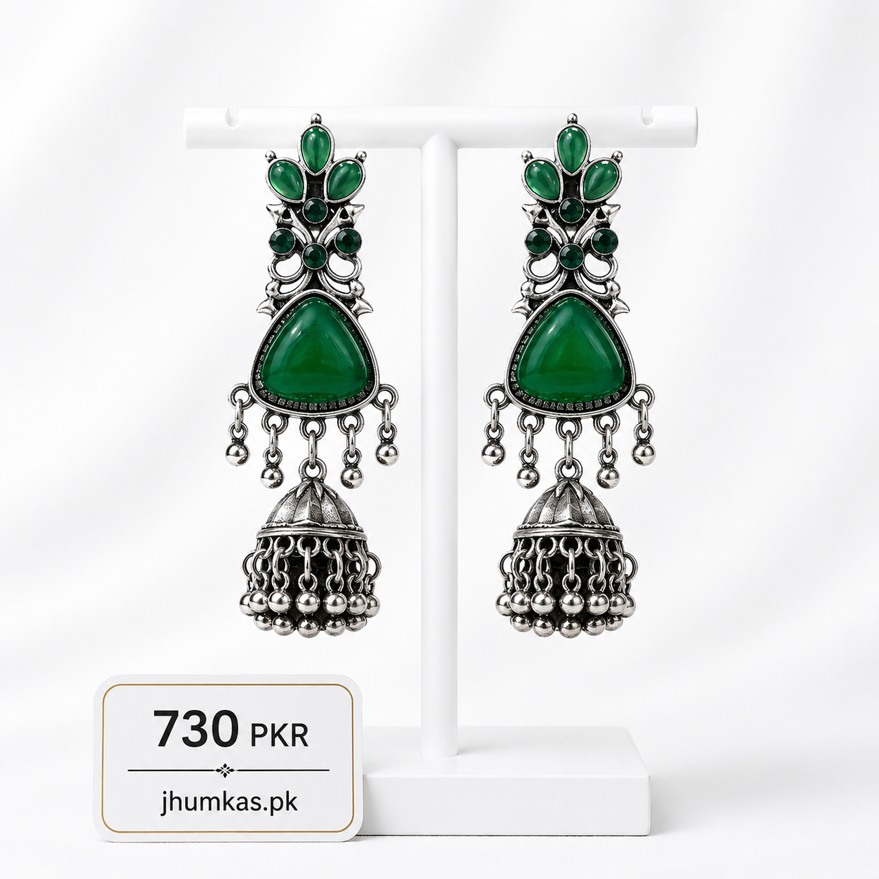 Oxidized Silver Jhumka With Stone