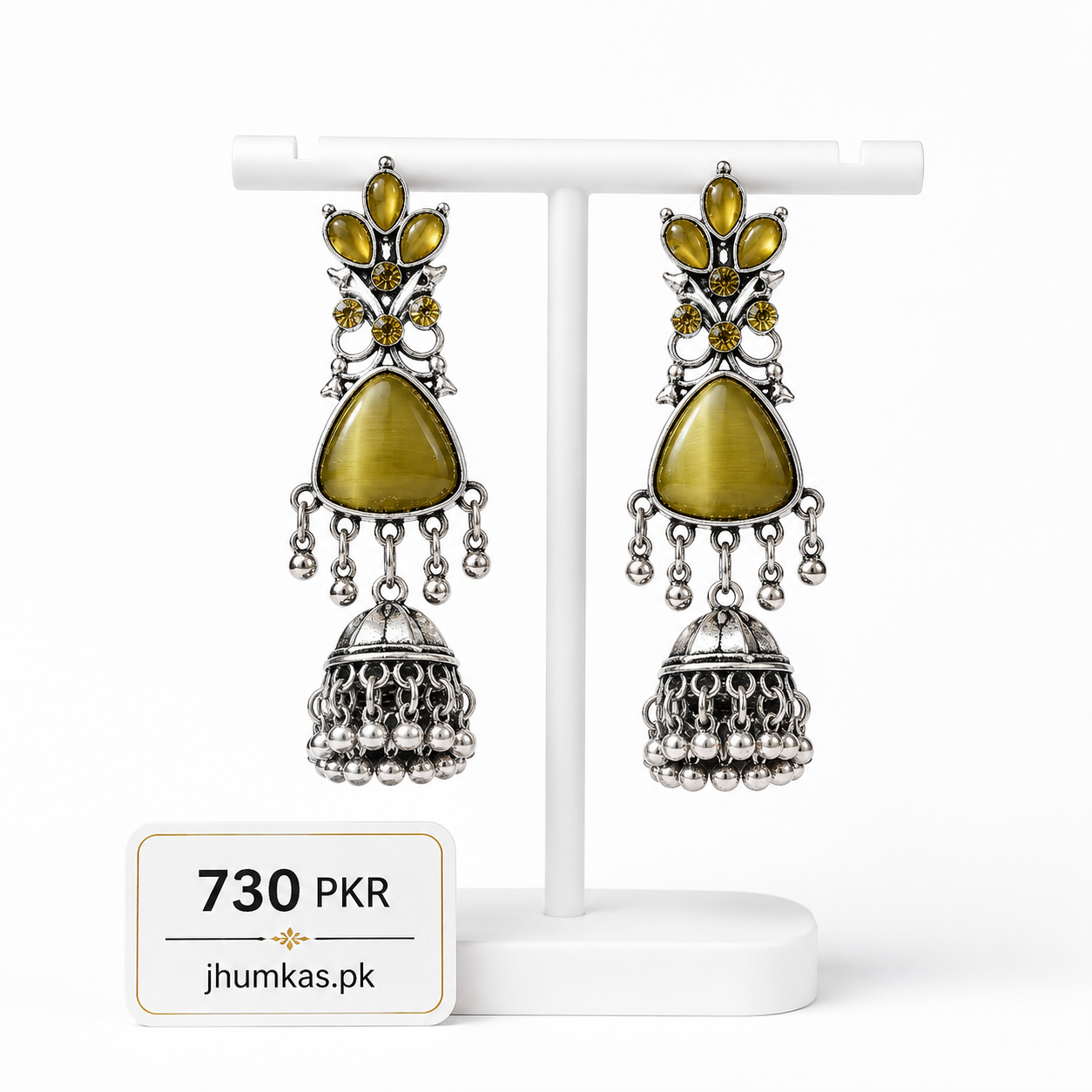 Oxidized Silver Jhumka With Stone - Image 4
