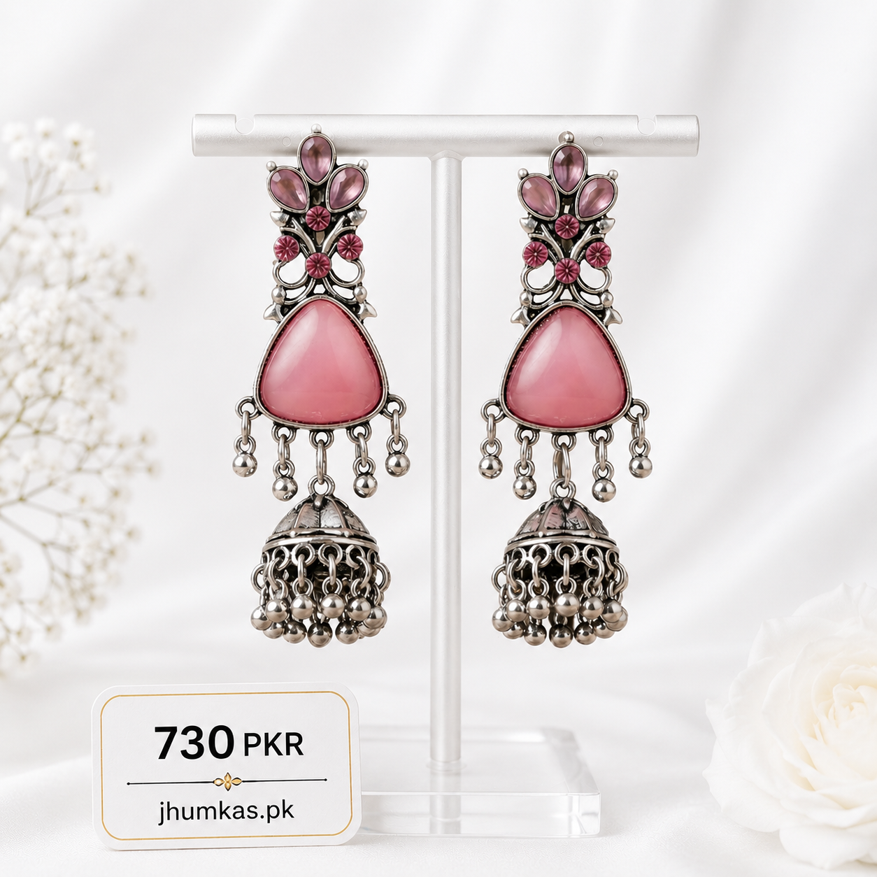 Oxidized Silver Jhumka With Stone - Image 2